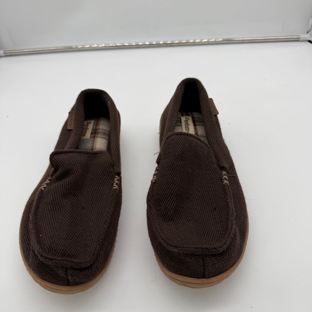 Dearfoams Mens Brown Herringbone Moccasin Slippers Plaid Lined Size Large 11-12